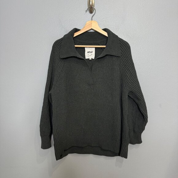 AERIE sugar rush chenille collared sweater in dark gray size M - Picture 1 of 7
